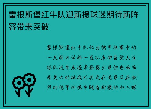 雷根斯堡红牛队迎新援球迷期待新阵容带来突破