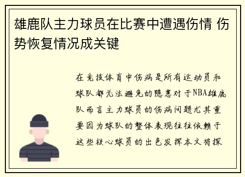 雄鹿队主力球员在比赛中遭遇伤情 伤势恢复情况成关键